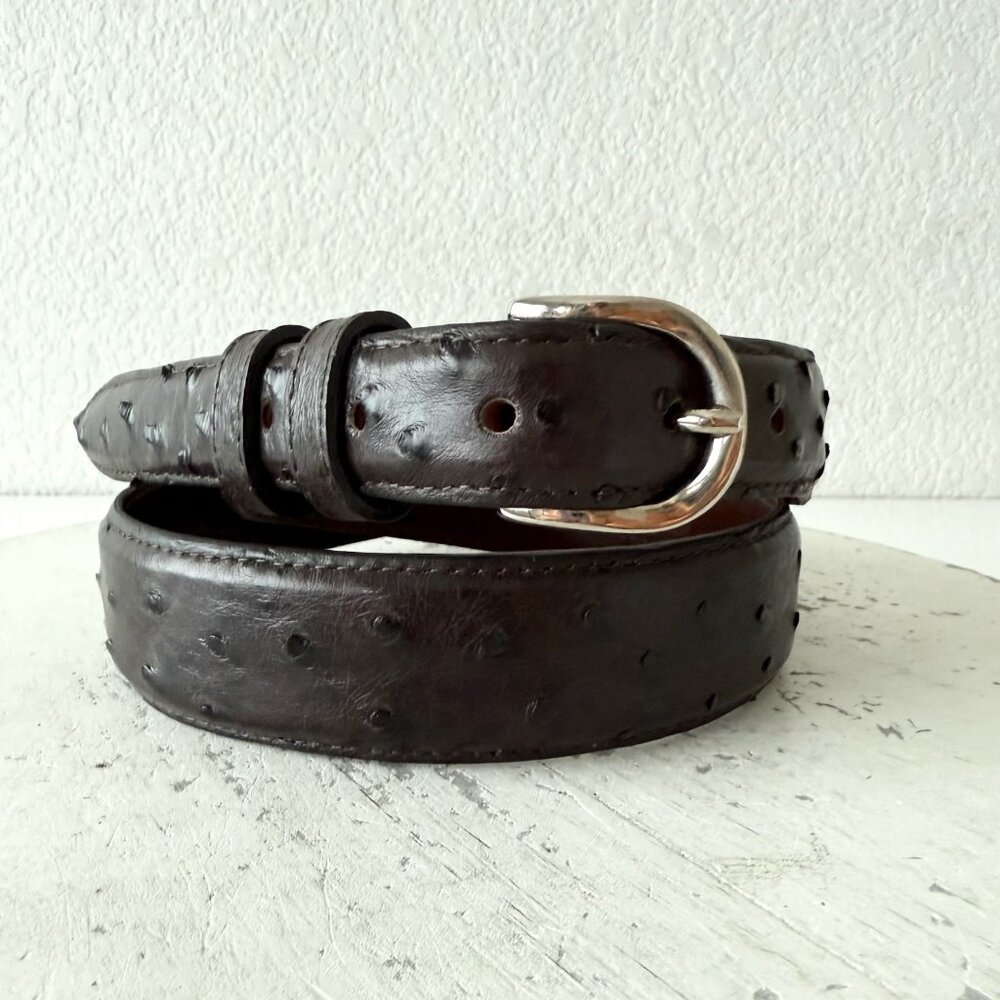 Rod Patrick Mens Full Quill Ostrich Leather Belt Dark Brown 1.25” Tapered Sz 30